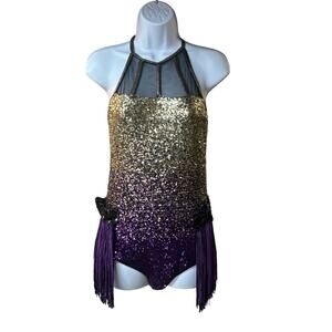 Weissman Adult Medium Sequin Fringe Jazz Dance Costume Leotard Purple Gold